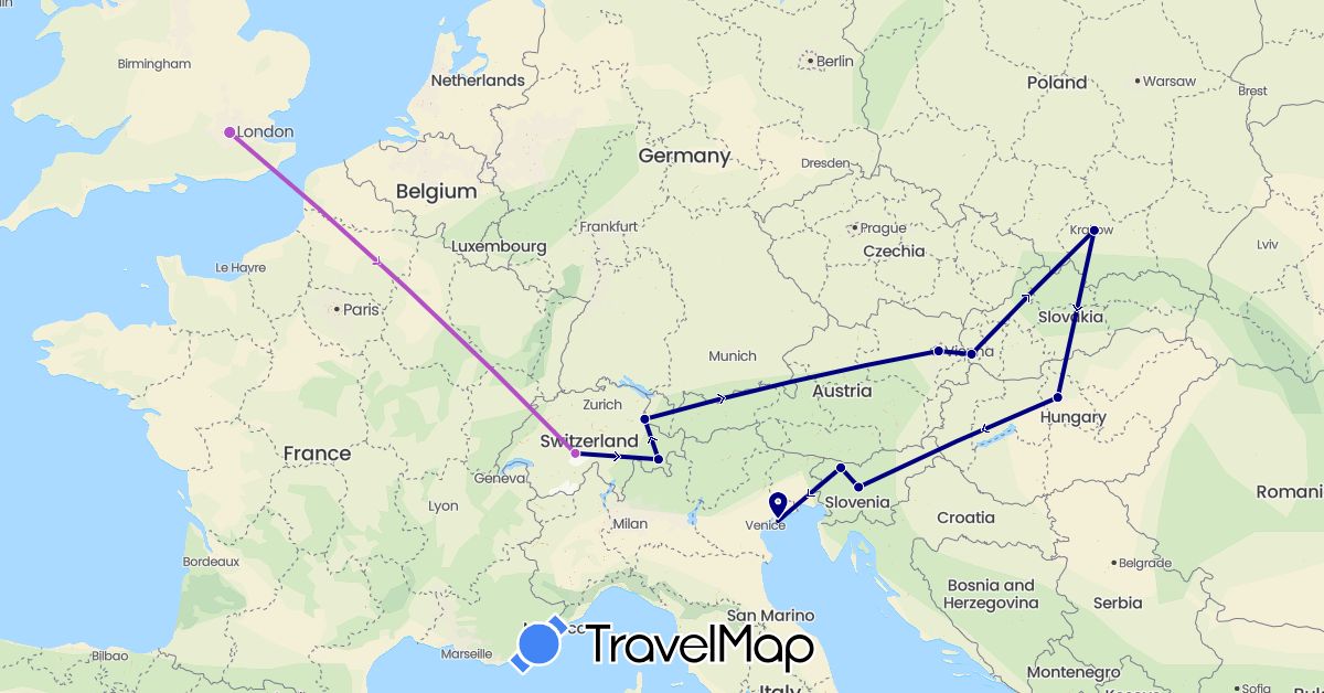 TravelMap itinerary: driving, train in Austria, Switzerland, United Kingdom, Hungary, Italy, Liechtenstein, Poland, Slovenia, Slovakia (Europe)