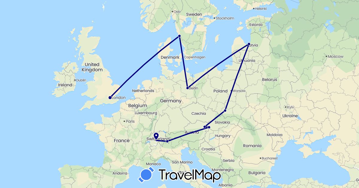 TravelMap itinerary: driving in Austria, Switzerland, Germany, United Kingdom, Latvia, Poland, Sweden, Slovakia (Europe)